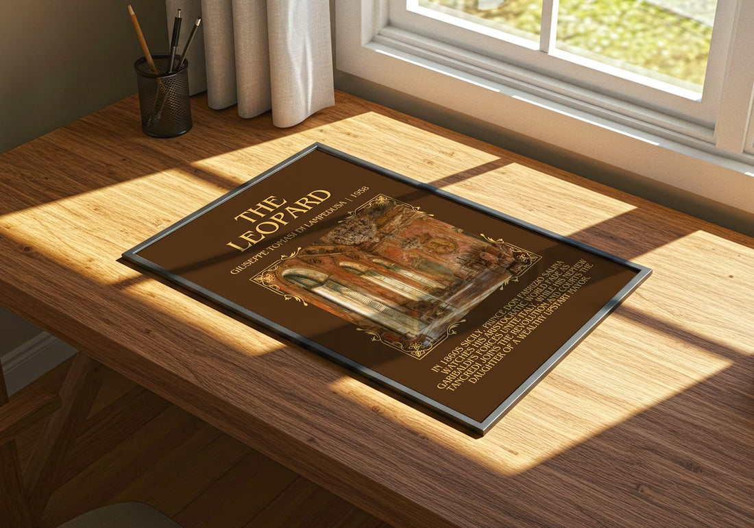 The Leopard Minimalist Book Poster by Giuseppe Tomasi di Lampedusa – print on a sunlit desk
