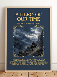 A Hero of Our Time Minimalist Book Poster by Mikhail Lermontov – framed print leaning on a wooden floor