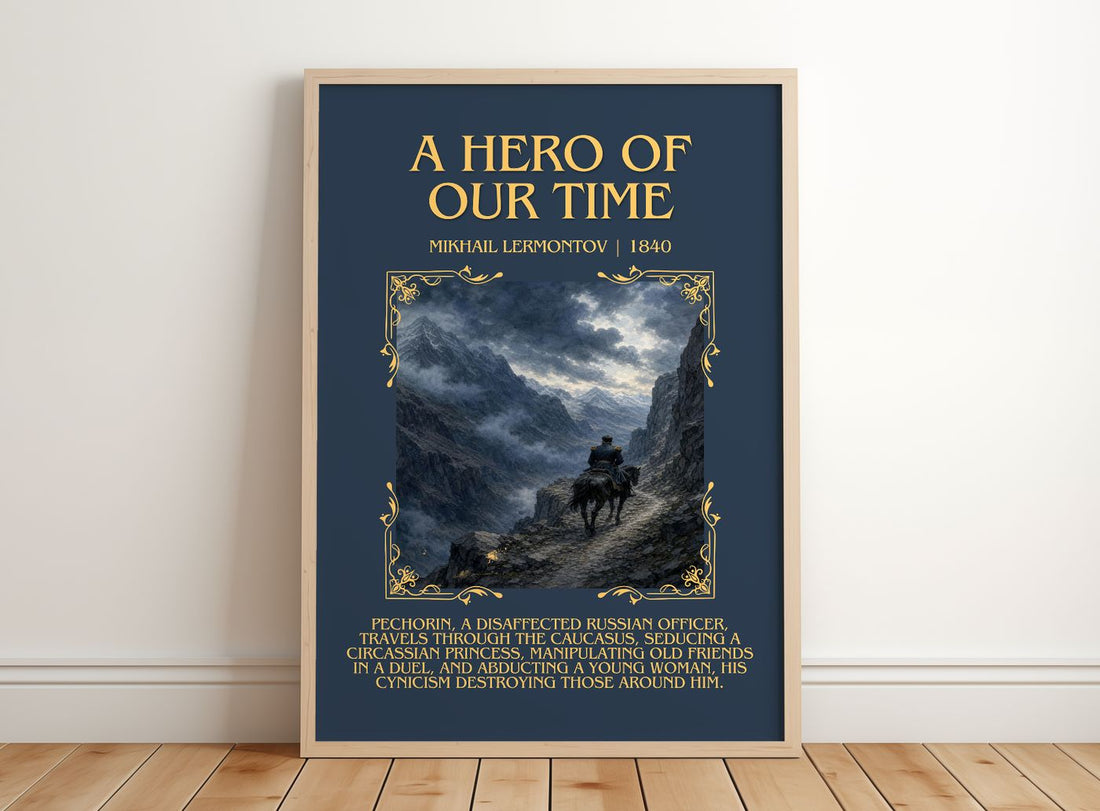 A Hero of Our Time Minimalist Book Poster by Mikhail Lermontov – framed print leaning on a wooden floor