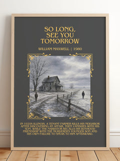 So Long, See You Tomorrow Minimalist Book Poster by William Maxwell – framed print leaning on a wooden floor