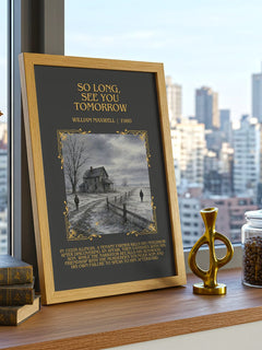 So Long, See You Tomorrow Minimalist Book Poster by William Maxwell – framed print on a city-view windowsill