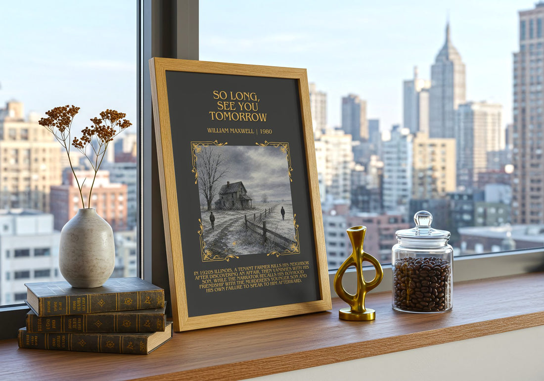 So Long, See You Tomorrow Minimalist Book Poster by William Maxwell – framed print on a city-view windowsill