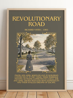 Revolutionary Road Minimalist Book Poster by Richard Yates – framed print leaning on a wooden floor