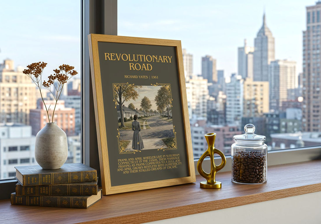 Revolutionary Road Minimalist Book Poster by Richard Yates – framed print on a city-view windowsill