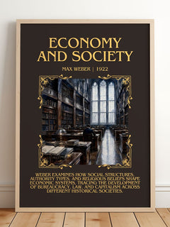 Economy and Society Minimalist Book Poster by Max Weber – framed print leaning on a wooden floor
