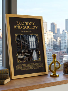 Economy and Society Minimalist Book Poster by Max Weber – framed print on a city-view windowsill