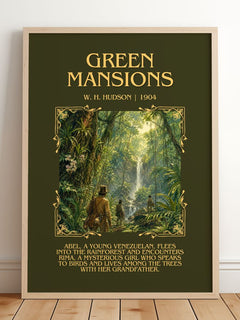 Green Mansions Minimalist Book Poster by W. H. Hudson – framed print leaning on a wooden floor