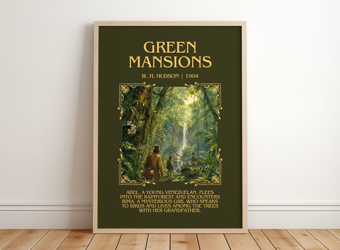 Green Mansions Minimalist Book Poster by W. H. Hudson – framed print leaning on a wooden floor