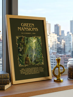 Green Mansions Minimalist Book Poster by W. H. Hudson – framed print on a city-view windowsill