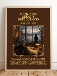 Memories, Dreams, Reflections Minimalist Book Poster by Carl Jung – framed print leaning on a wooden floor