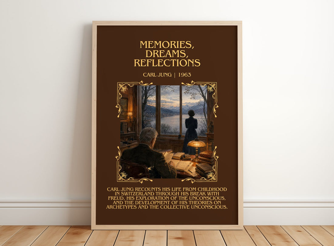 Memories, Dreams, Reflections Minimalist Book Poster by Carl Jung – framed print leaning on a wooden floor