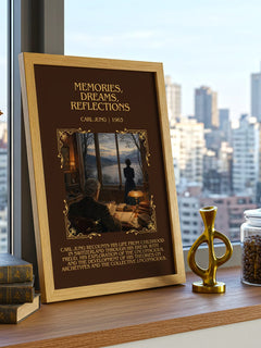 Memories, Dreams, Reflections Minimalist Book Poster by Carl Jung – framed print on a city-view windowsill