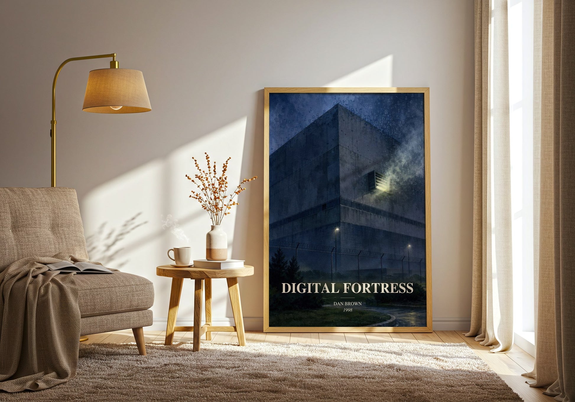 Digital Fortress watercolour print in frame leaning in hallway – thriller wall art