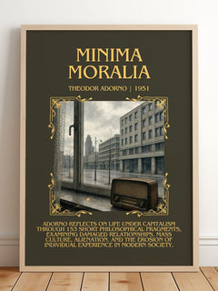 Minima Moralia Minimalist Book Poster by Theodor Adorno – framed print leaning on a wooden floor