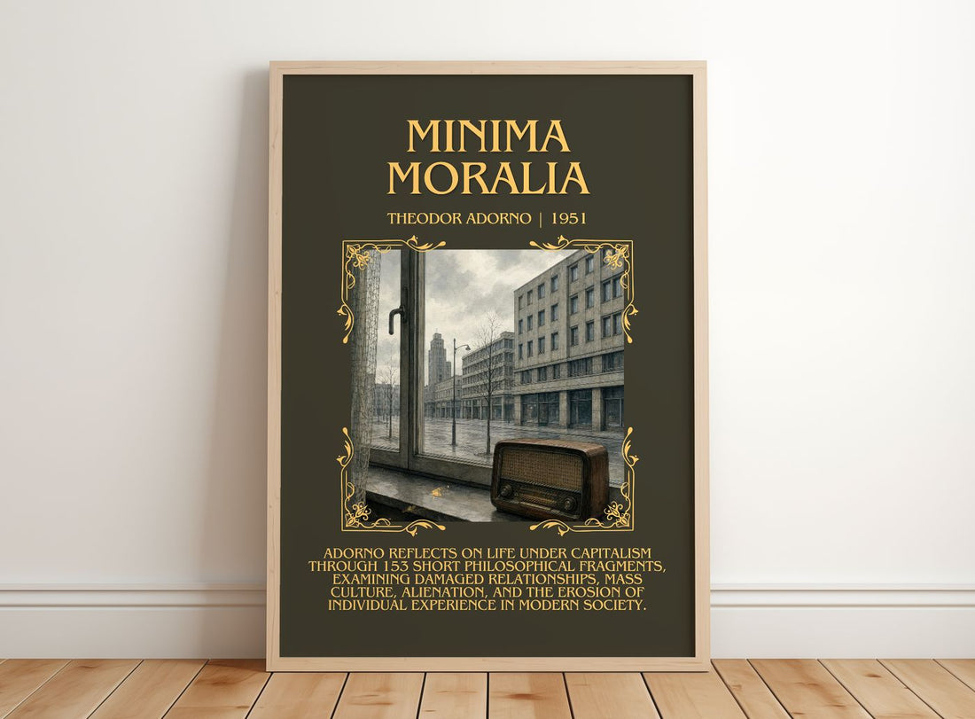 Minima Moralia Minimalist Book Poster by Theodor Adorno – framed print leaning on a wooden floor
