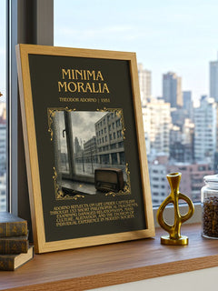 Minima Moralia Minimalist Book Poster by Theodor Adorno – framed print on a city-view windowsill