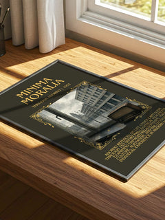 Minima Moralia Minimalist Book Poster by Theodor Adorno – print on a sunlit desk