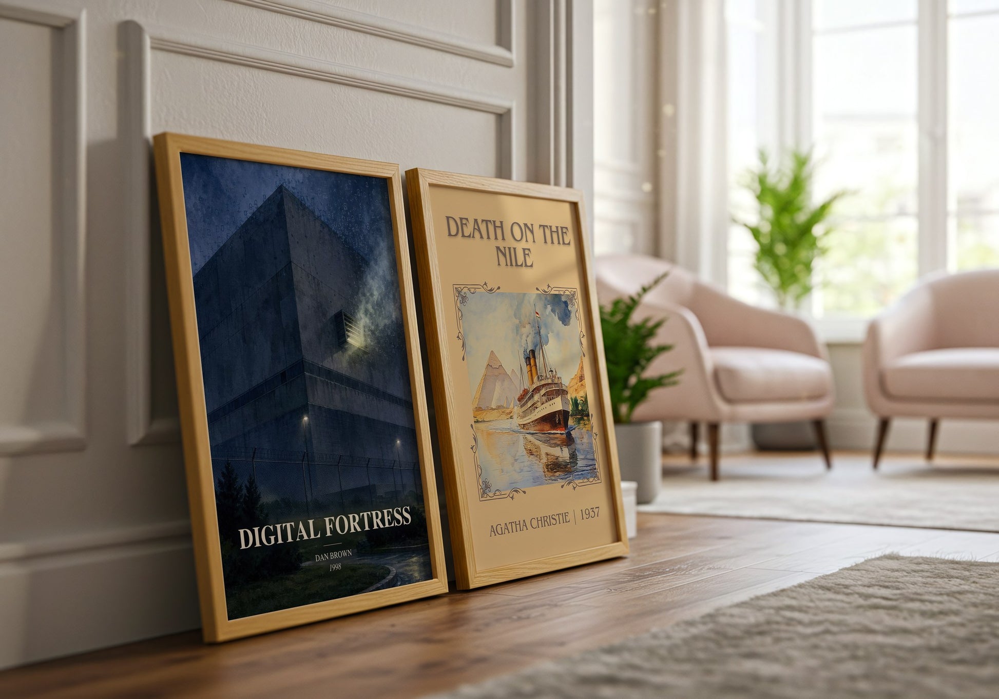Digital Fortress watercolour print framed by window – literary home decor