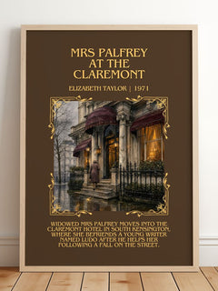 Mrs Palfrey at the Claremont Minimalist Book Poster by E. Taylor – framed print leaning on a wooden floor