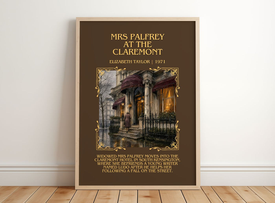 Mrs Palfrey at the Claremont Minimalist Book Poster by E. Taylor – framed print leaning on a wooden floor