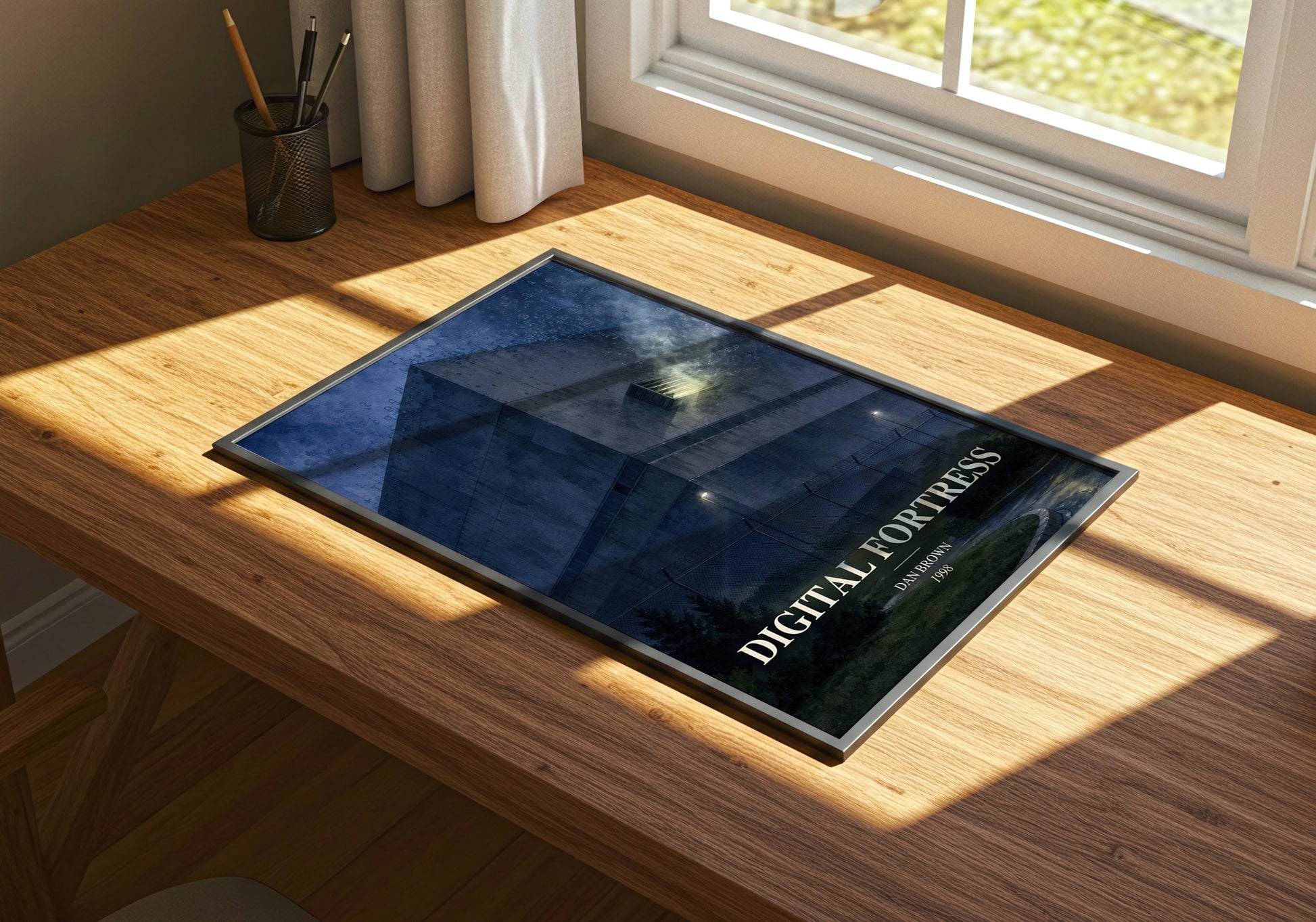 Digital Fortress watercolour book poster framed on wall – thriller wall art