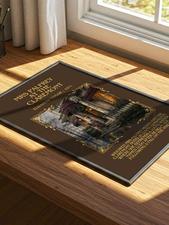 Mrs Palfrey at the Claremont Minimalist Book Poster by E. Taylor – print on a sunlit desk