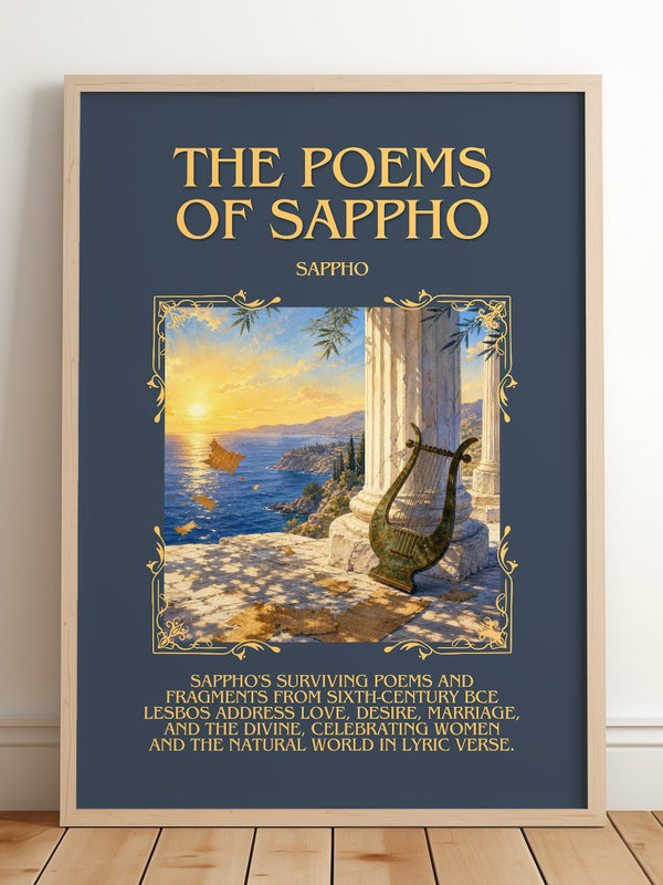 The Poems of Sappho Minimalist Book Poster by Sappho – framed print leaning on a wooden floor