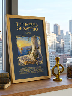 The Poems of Sappho Minimalist Book Poster by Sappho – framed print on a city-view windowsill