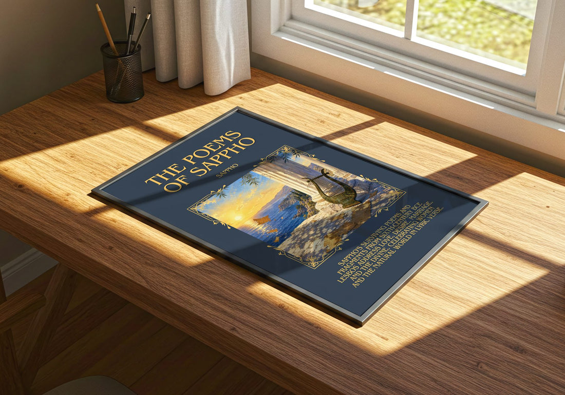The Poems of Sappho Minimalist Book Poster by Sappho – print on a sunlit desk