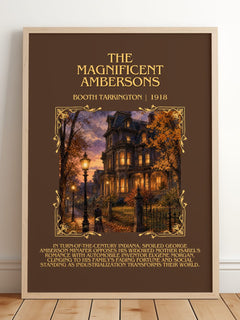 The Magnificent Ambersons Minimalist Book Poster by Booth Tarkington – framed print leaning on a wooden floor