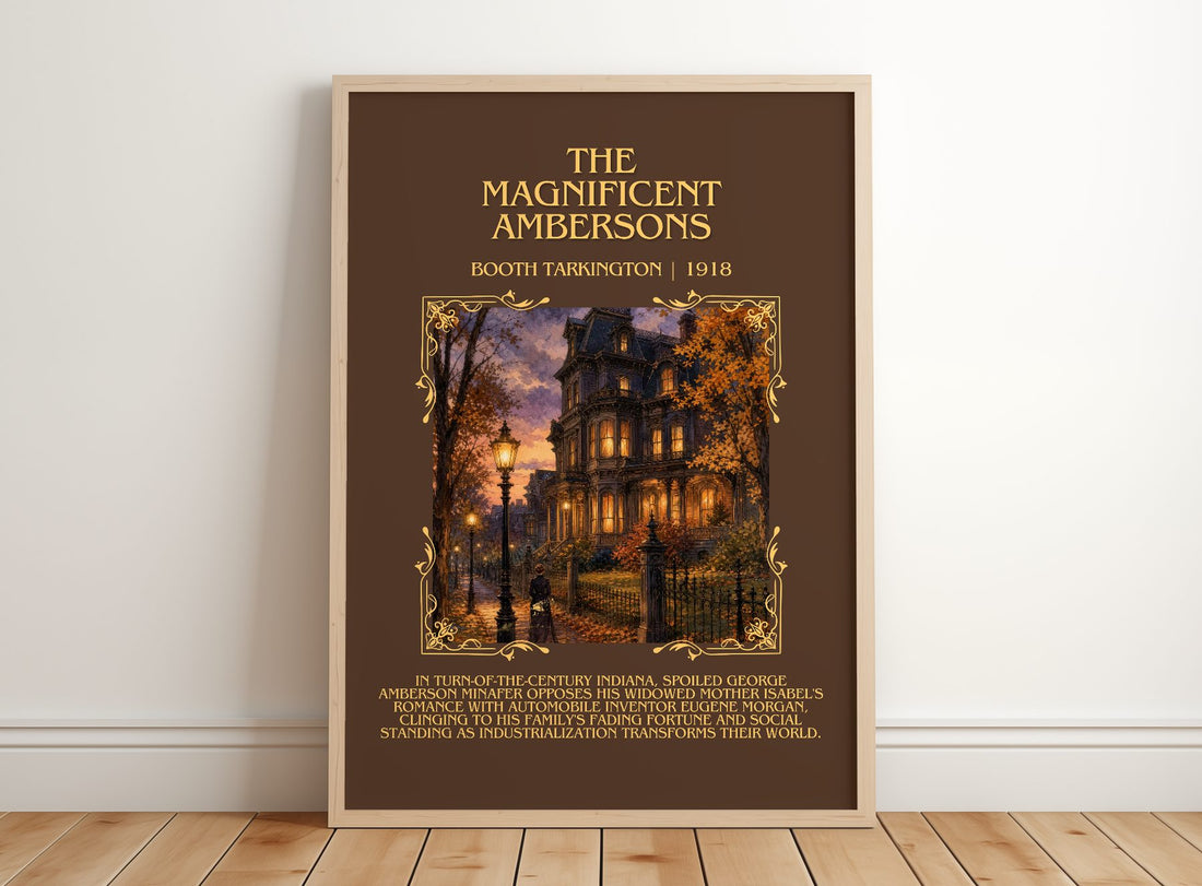 The Magnificent Ambersons Minimalist Book Poster by Booth Tarkington – framed print leaning on a wooden floor