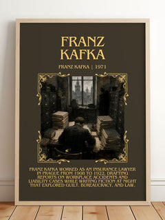 Franz Kafka Minimalist Book Poster by Franz Kafka – framed print leaning on a wooden floor