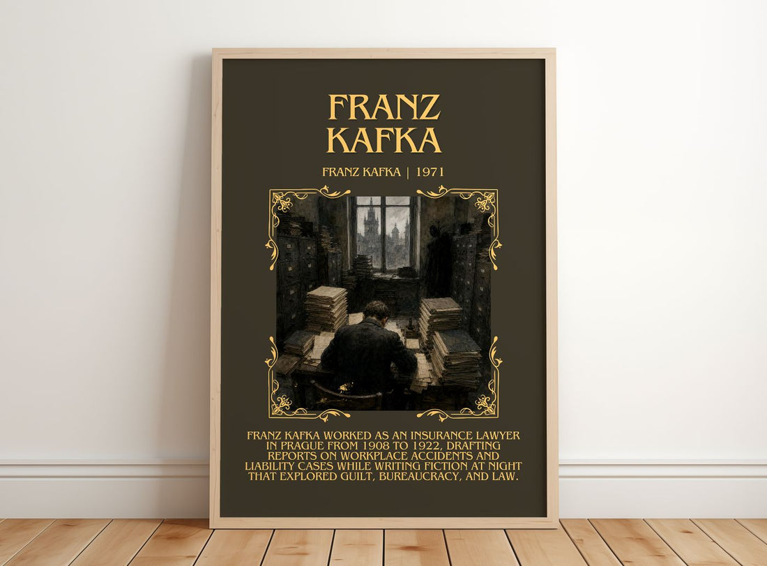 Franz Kafka Minimalist Book Poster by Franz Kafka – framed print leaning on a wooden floor