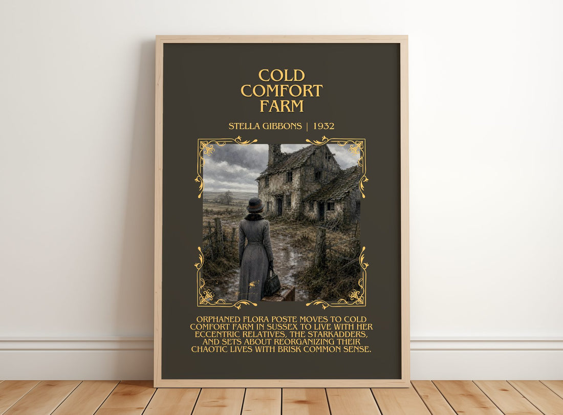 Cold Comfort Farm Minimalist Book Poster by Stella Gibbons – framed print leaning on a wooden floor
