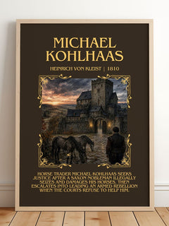 Michael Kohlhaas Minimalist Book Poster by Heinrich von Kleist – framed print leaning on a wooden floor