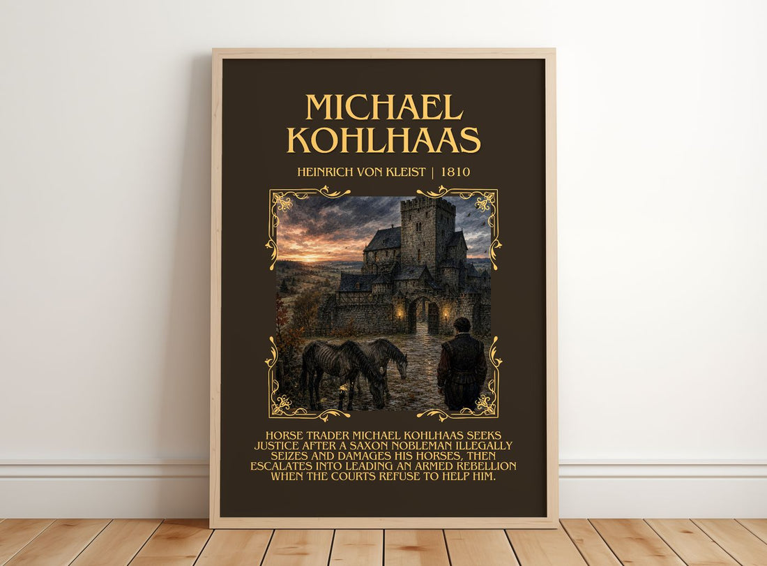 Michael Kohlhaas Minimalist Book Poster by Heinrich von Kleist – framed print leaning on a wooden floor