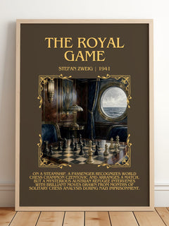 The Royal Game Minimalist Book Poster by Stefan Zweig – framed print leaning on a wooden floor