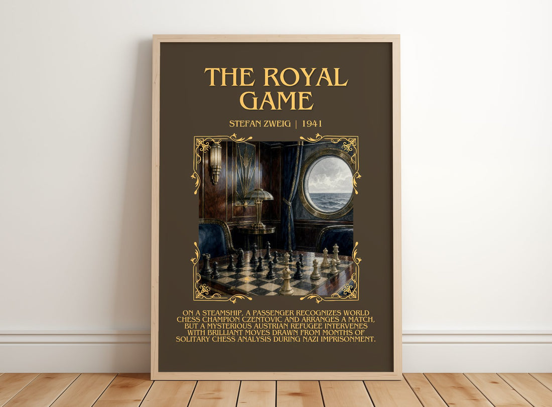 The Royal Game Minimalist Book Poster by Stefan Zweig – framed print leaning on a wooden floor