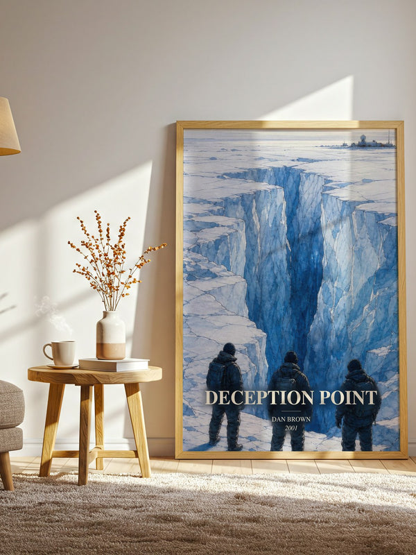 Deception Point watercolour print in frame leaning in hallway – thriller wall art