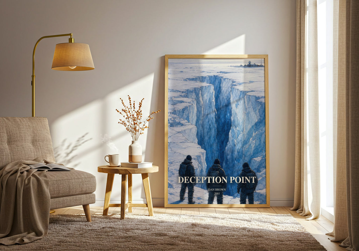 Deception Point watercolour print in frame leaning in hallway – thriller wall art