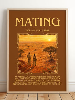 Mating Minimalist Book Poster by Norman Rush – framed print leaning on a wooden floor