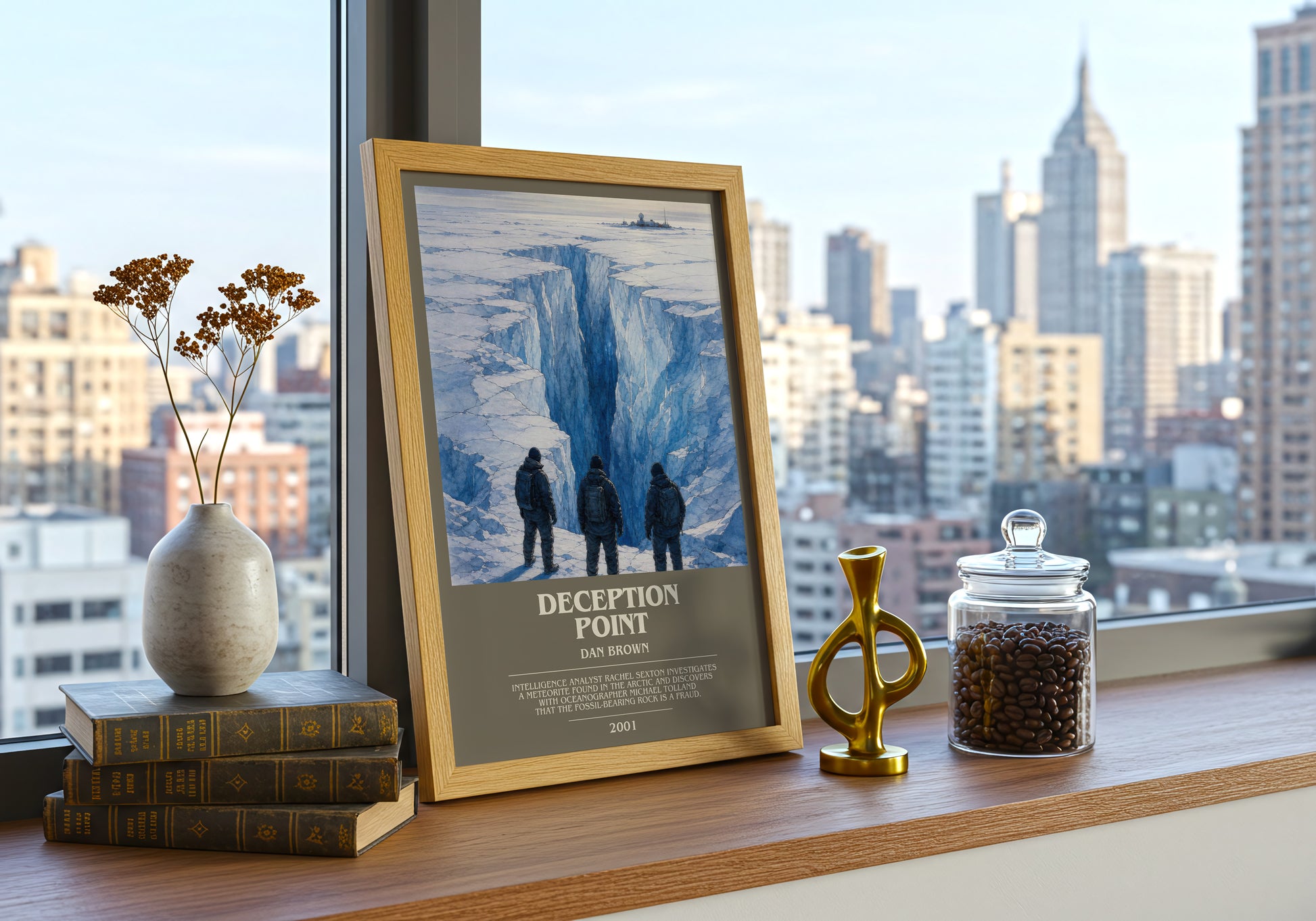 Deception Point bookish print framed by window – literary home decor