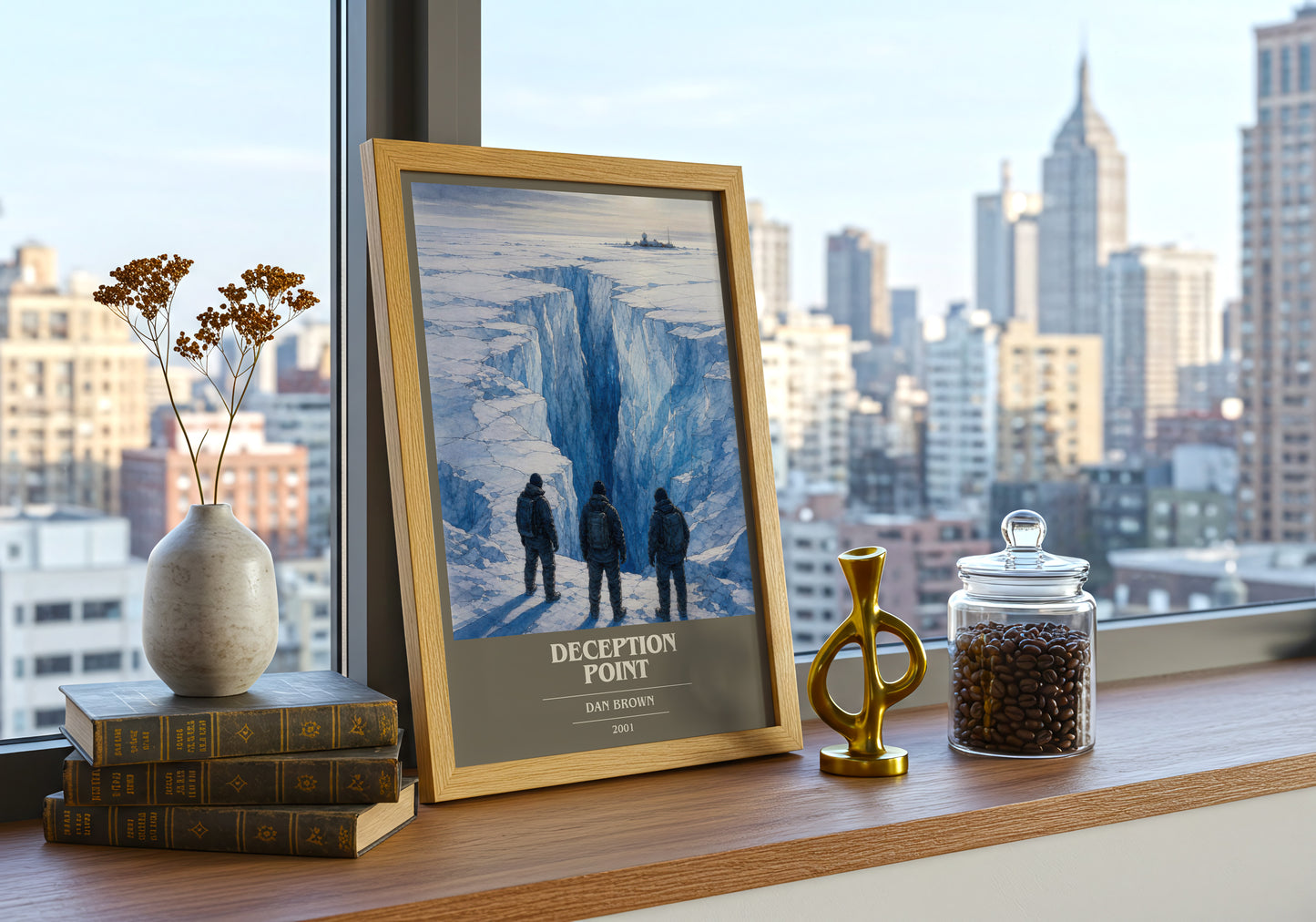 Deception Point book cover print framed by window – literary home decor
