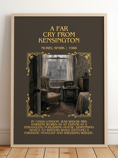 A Far Cry From Kensington Minimalist Book Poster by Muriel Spark – framed print leaning on a wooden floor