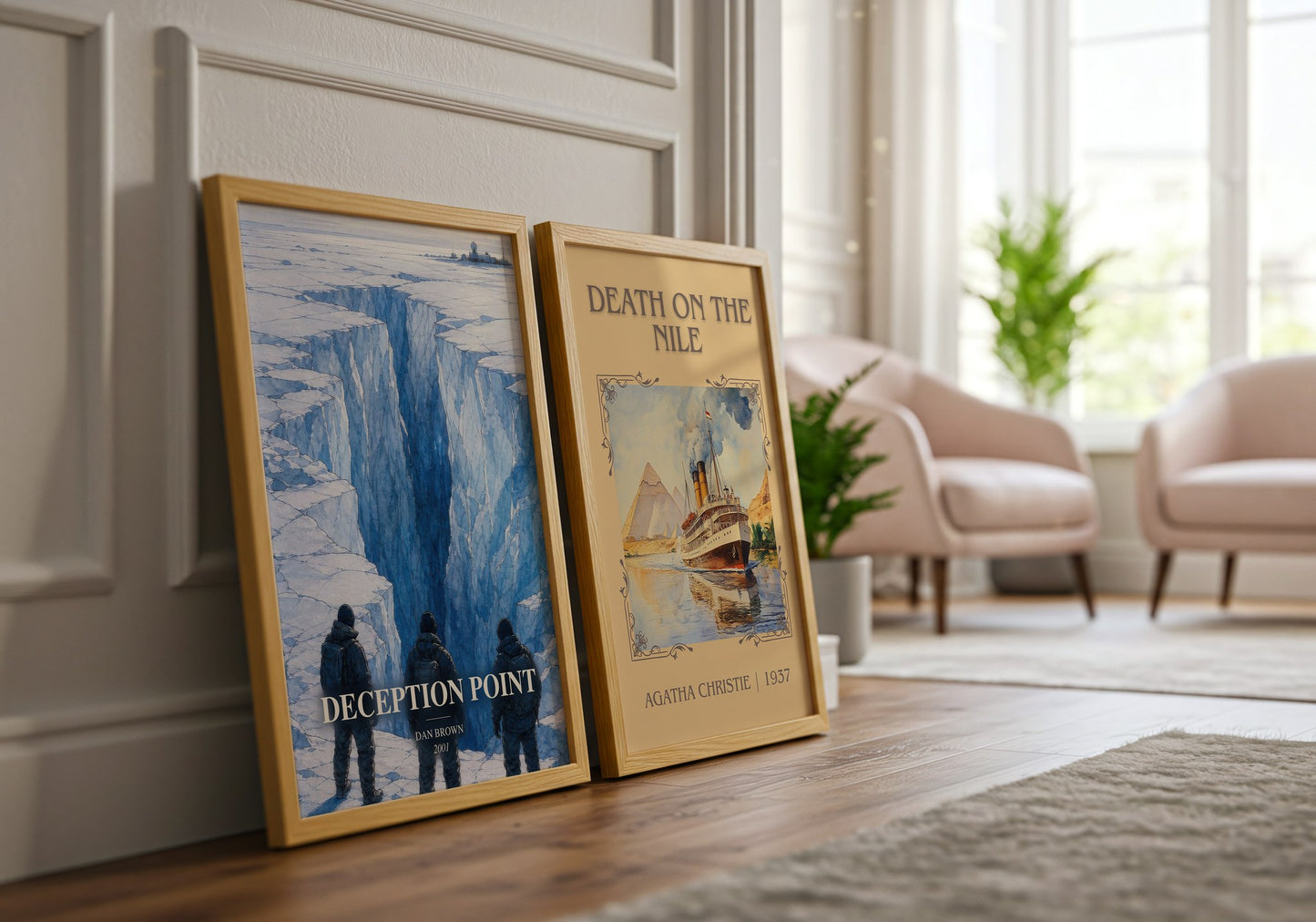 Deception Point watercolour print framed by window – literary home decor