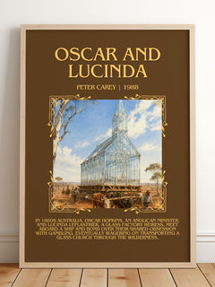 Oscar and Lucinda Minimalist Book Poster by Peter Carey – framed print leaning on a wooden floor