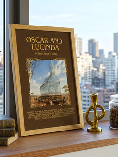 Oscar and Lucinda Minimalist Book Poster by Peter Carey – framed print on a city-view windowsill