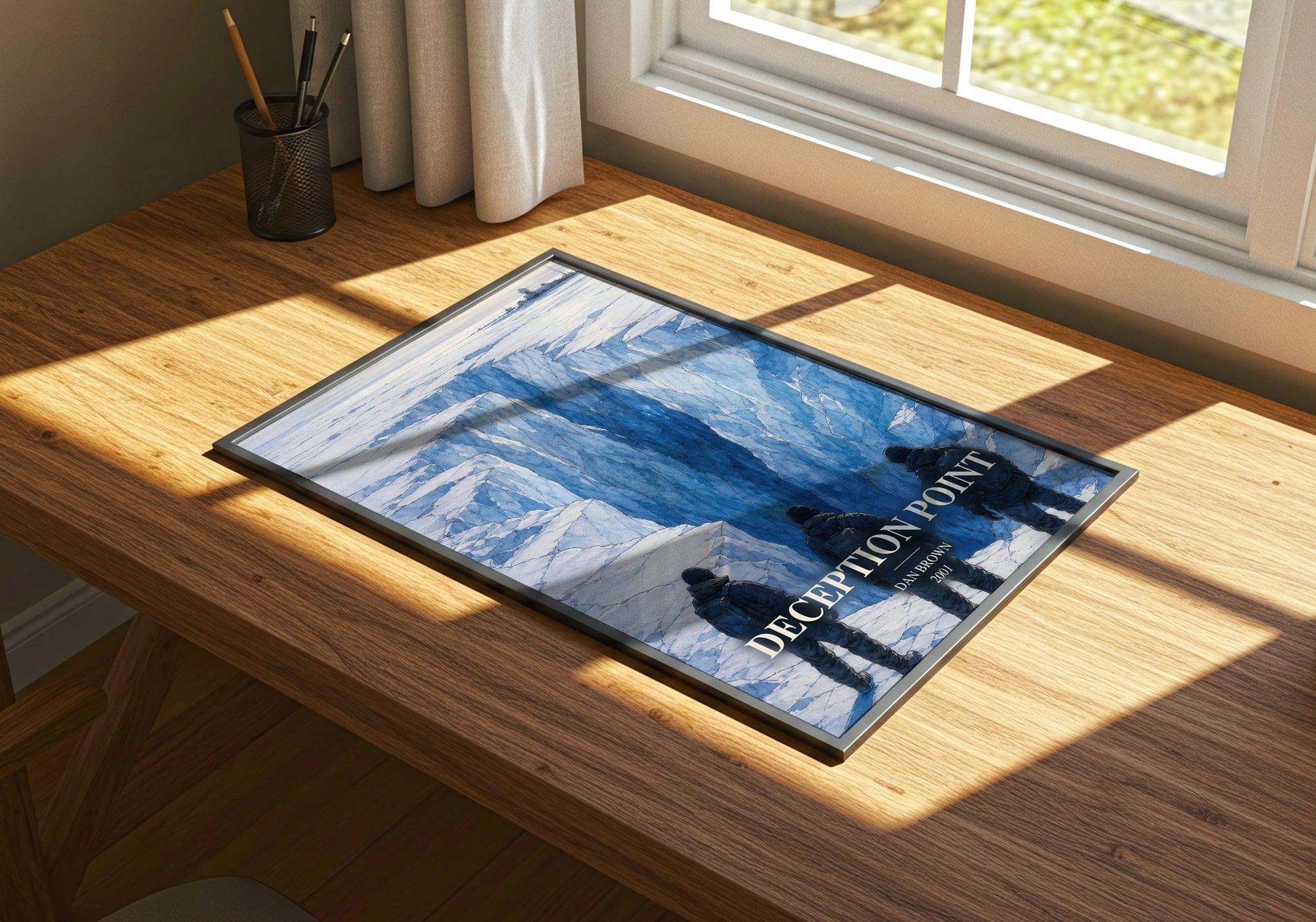 Deception Point watercolour book poster framed on wall – thriller wall art
