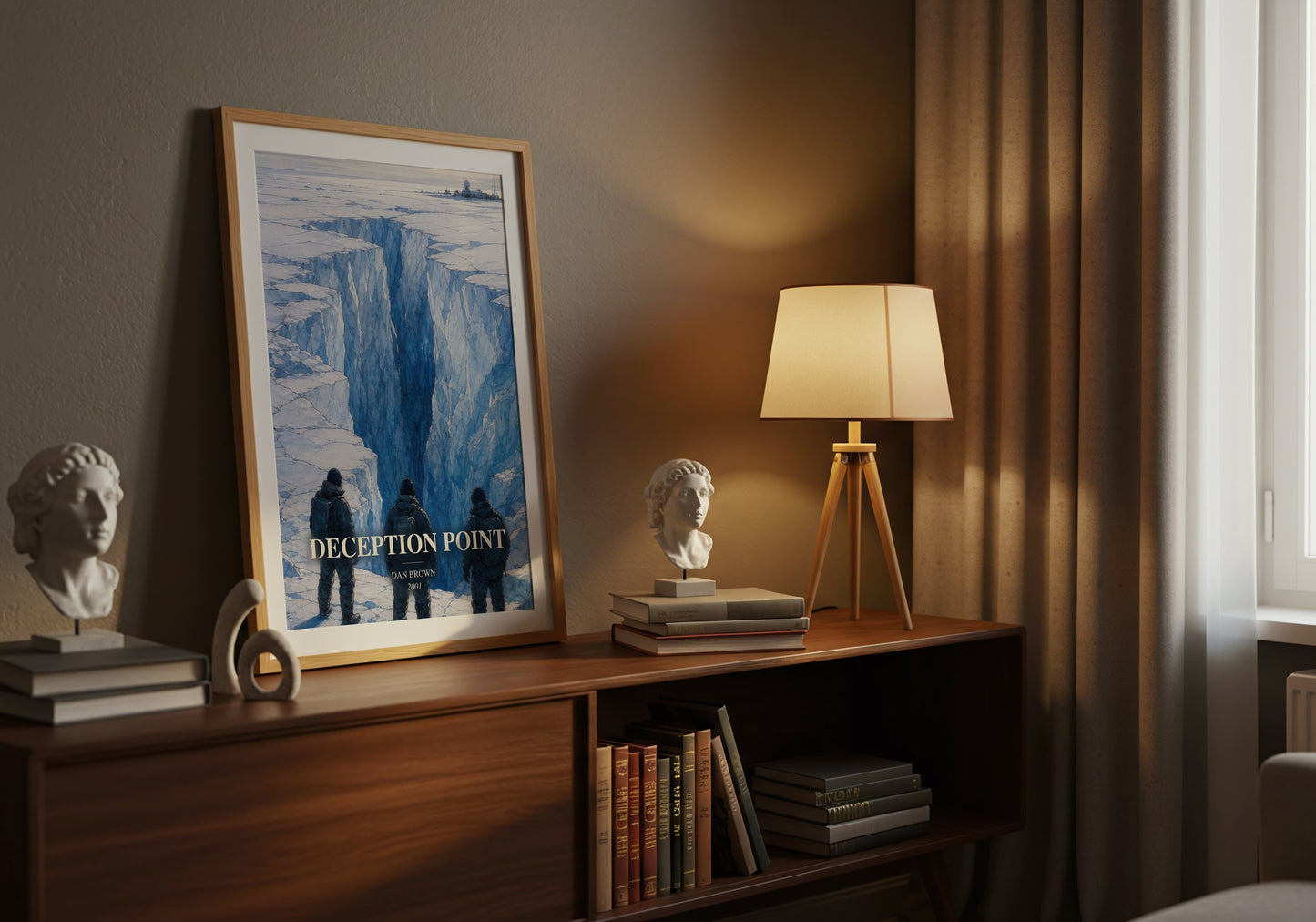 Deception Point watercolour print on bookshelf – Dan Brown fan gift