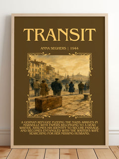 Transit Minimalist Book Poster by Anna Seghers – framed print leaning on a wooden floor